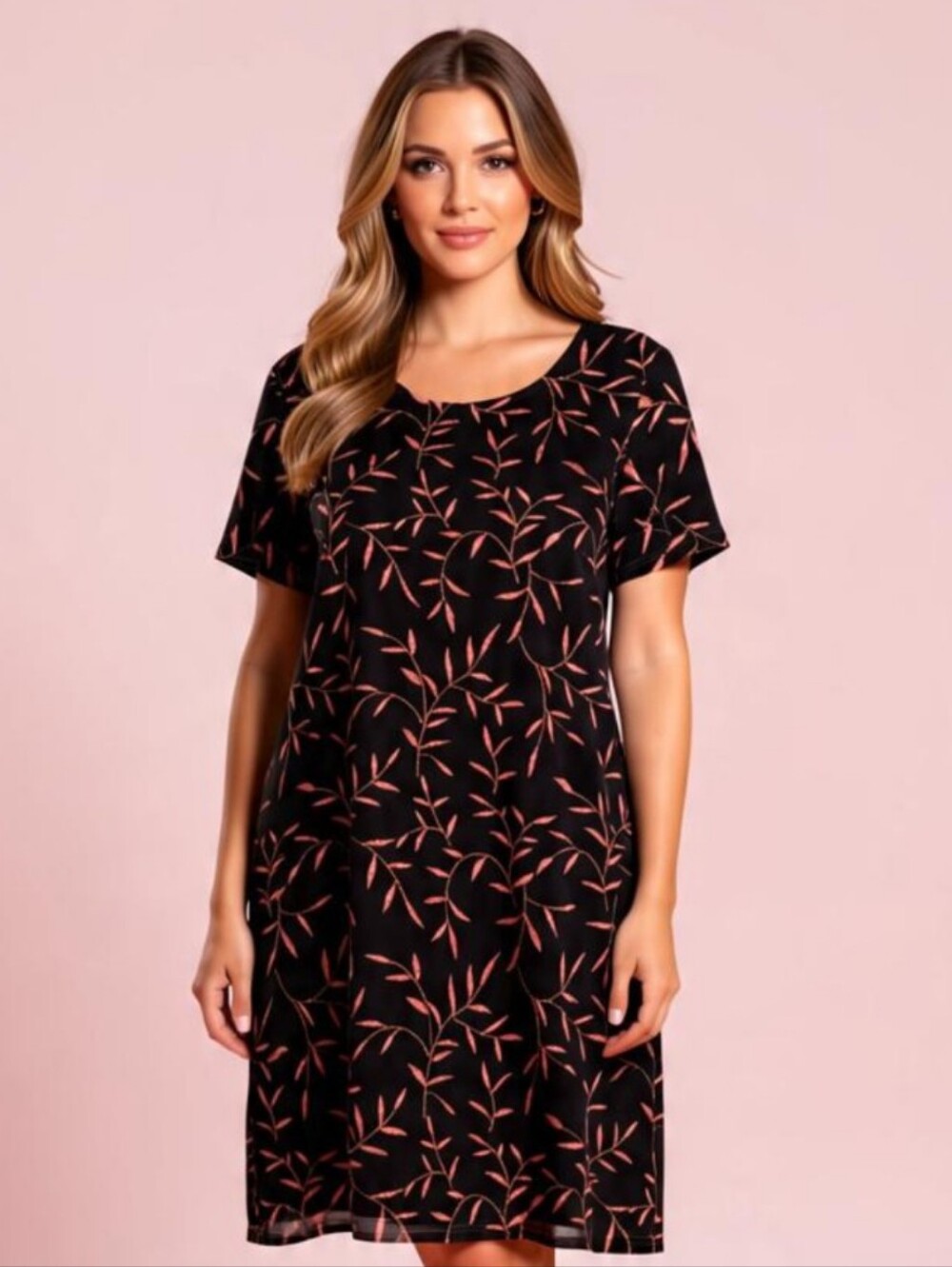 TRULY Festive Burgundy Velvet with Pink Leaf Pattern Midi Dress